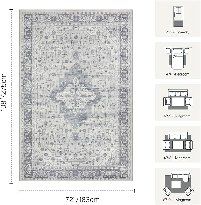 Rugxara 6x9 Washable Area Rug for Living Room, Vintage Large Boho Rugs for Office, Dining Room, Kids Room, Farmhouse, Durable Low Pile Non Slip Carpet for High Traffic Areas, Blue Quartz