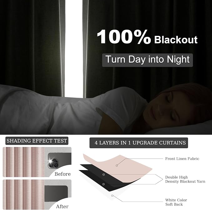 Light Pink Full Blackout Curtains Linen Blended Room Darkening Curtain Panels 84 inch for Living Room Kid Girl's Bedroom Thermal Insulated Pleat Back Tab Drapes with Hooks Rings 52Wx84L 2 Panels