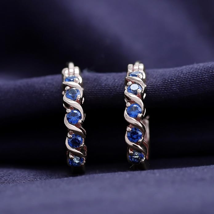 Dainty Hoop Earrings for Women Round Cut Simulated Blue Sapphire Gemstone Earrings in 14K Gold Plated 925 Sterling Silver Minimalist | Delicate Jewelry for Her