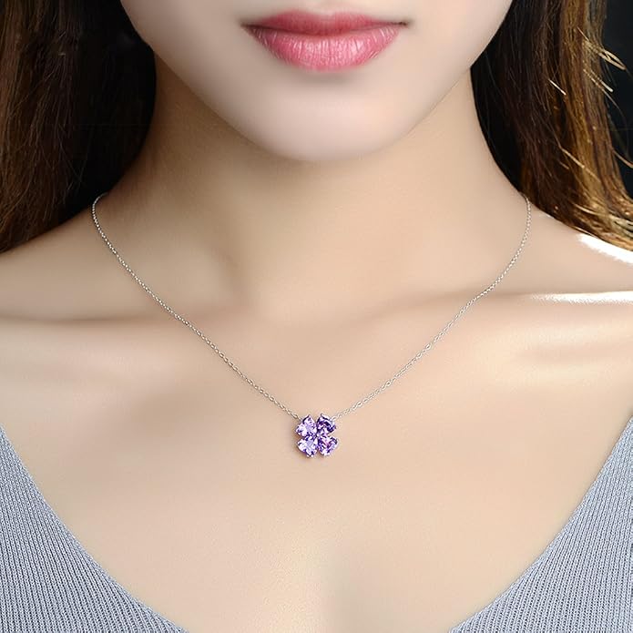 JIANGXIN Colorful Birthstone 925 Sterling Silver Handmade Pendant Necklace for Women Lucky Four Leaf Clover Plant Shamrock Jewelry Rhodium Plated