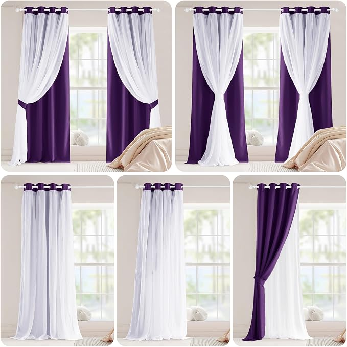 PONY DANCE Bedroom Curtains Purple - Mix & Match Room Darkening Curtains with White Crushed Sheer Voile, 52" Wide and 63" Long, Royal Purple, 2 Panels