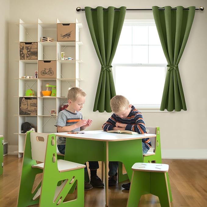 Hiasan Blackout Curtains for Bedroom, 52 x 54 Inches Long - Thermal Insulated & Energy Saving Window Curtains for Living Room, 2 Drape Panels Sewn with Tiebacks, Olive Green