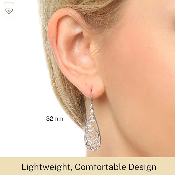 MAX + STONE 925 Filigree Sterling Silver Teardrop Dangle Anti-tarnishing Statement Earrings for Women
