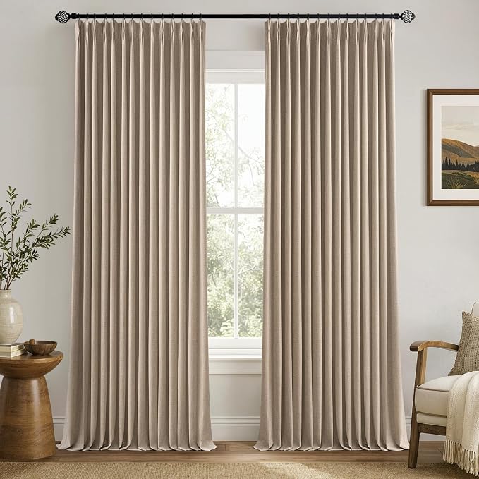 MIULEE Copper Brown Pinch Pleated 100% Blackout Linen Curtains for Bedroom, Room Darkening Memory Trained Light Blocking Window Curtain 84 inches Long for Living Room, Black Out Pleat Drapes, 2 Panels