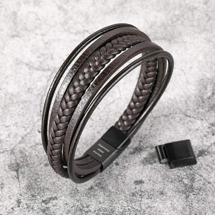 murtoo Mens Leather Bracelet with Clasp Cowhide Multi-Layer Braided Leather Mens Bracelet