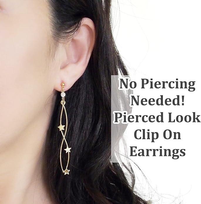 Comfortable Stick Invisible Clip On Earrings Gold Dangle Long Waved Threader Bar Clip-On Non Pierced Earrings Silver For Women,…