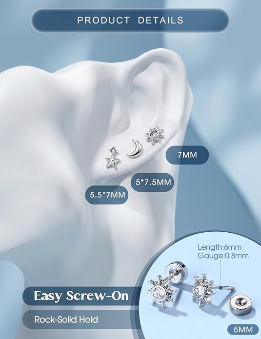 ORAZIO 925 Sterling Silver Flat Back Stud Earrings for Women Hypoallergenic 14K Gold Plated Cartilage Earrings for Sensitive Ears Small CZ Opal Conch Helix Tragus Piercing Jewelry 3 Pairs 20G
