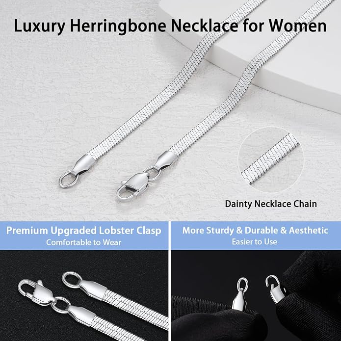 Jewlpire Silver/18K Gold Plated Herringbone Necklace for Women, 3mm 4mm 5mm Necklace for Women, Flat Snake Chain Necklaces, Fashion Women's Chain Necklaces 16 18 20 22 24 Inch