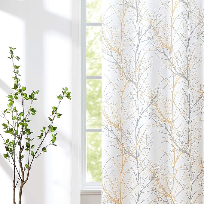FMFUNCTEX Linen Yellow White Semi Sheer Patio Curtains 84 Inch Long 1 Panel | Extra Wide Sheer Patterned Patio Door Drapes, Tree Branch Print, Grommet Top for Sliding Doors and Airy Farmhouse Privacy