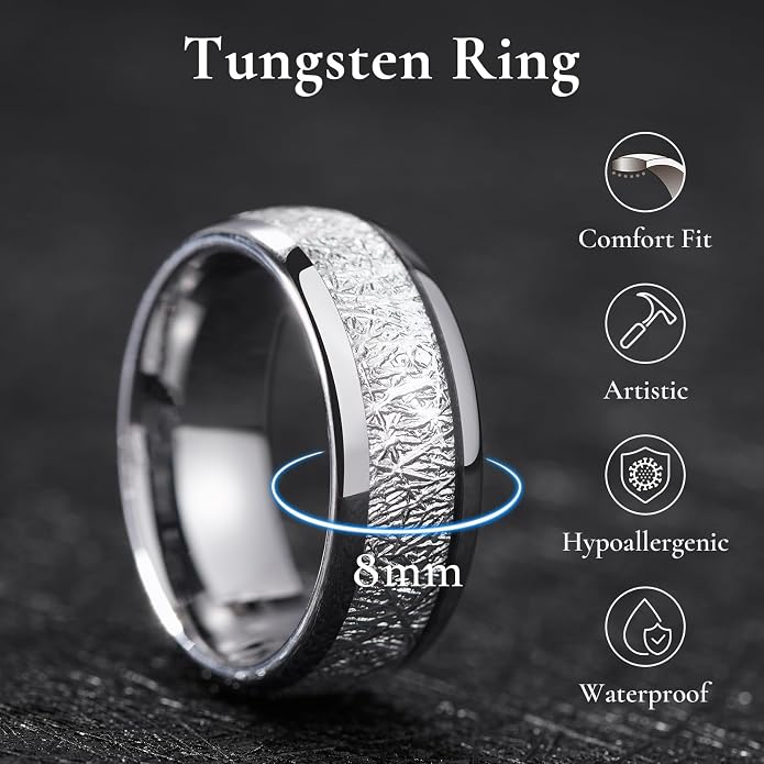 King Will Tungsten Rings for Men Meteorite Carbon Fiber Wood Inlay Mens Wedding Engagement Band Domed Polished