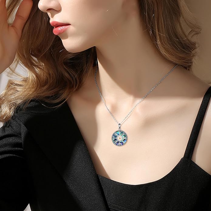 Viking Compass Necklace Sterling Silver Runes Vegvisir Pendant Necklace Mothers Day Jewelry Gift for Women Mom