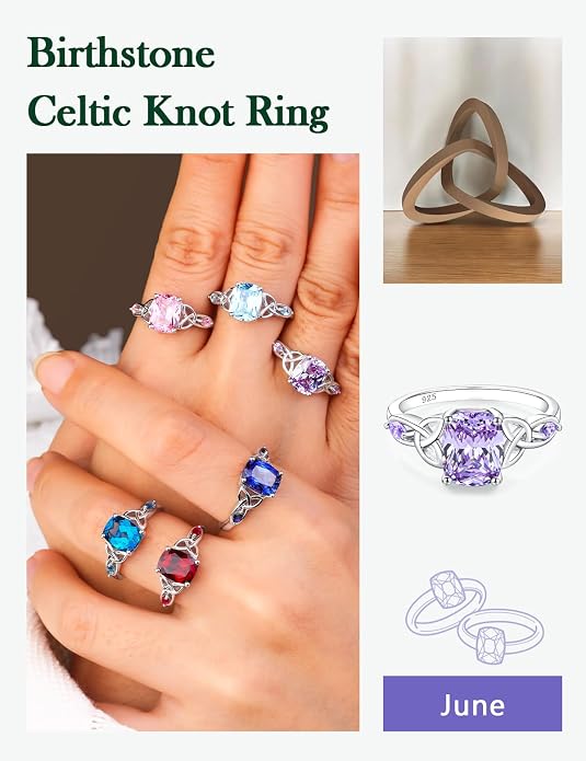 925 Sterling Silver Birthstone Rings for Women Cushion Cut Engagement Celtic Knot Ring Irish Jewelry Created Gemstone Anniversary Rings Size 6-10(with Box)
