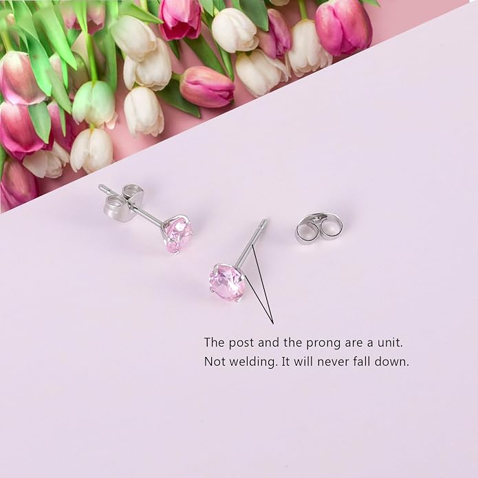 12 Pairs Surgical Stainless Steel Stud Earring Round Heart Star Square Cubic Zirconia Birthstone Stud Earrings Set for Women