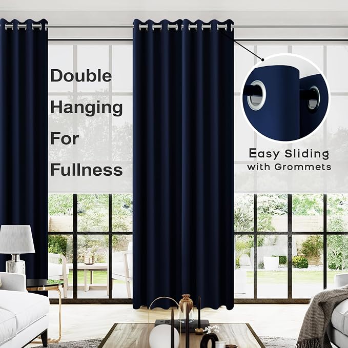 KOUFALL Blackout Curtains 108 Inches Long,Grommet Soft Satin Polyester Insulated Thermal Drapes 108 Inch Curtains,2 Panel Set,Blue Navy
