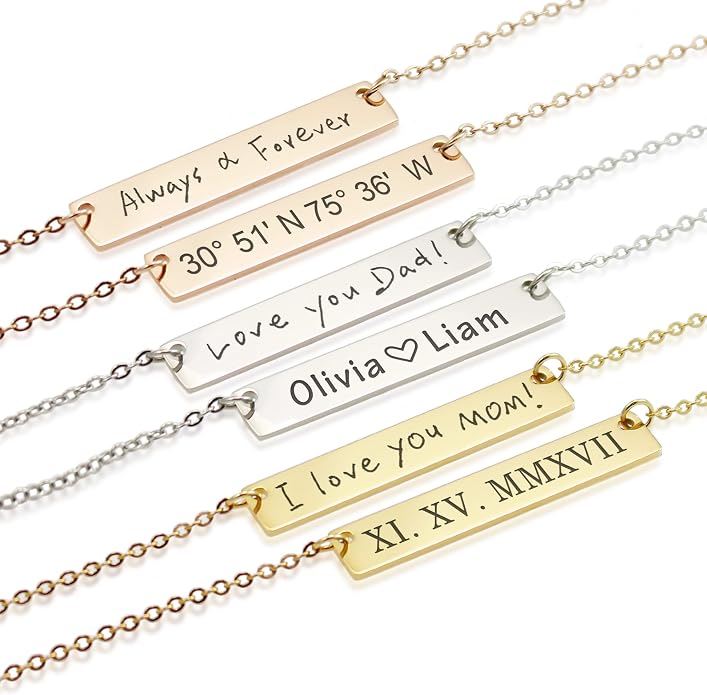 Personalized Engraved Handwriting Necklace Stainless Steel Silver Gold Rose Gold Bar Jewelry Engraved Signature Memorial Keepsake Pendant