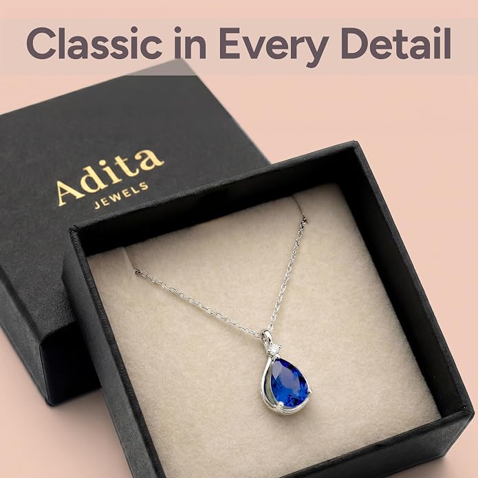 ADITA GOLD Birthstone Necklace for Women, 925 Sterling Silver Teardrop Pendant, Simulated Gemstone, Birthstone Jewelry