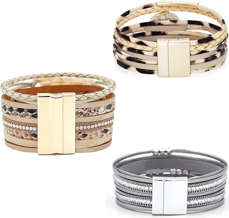 Wowanoo 3Pack Leather Cuff Bracelet Set Multilayer Wrap Bracelet Crystal Feather Tree Bracelet Magnetic Clasp Bracelet for Women