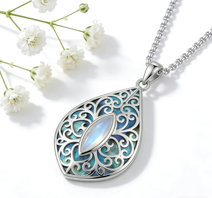 Filigree Moonstone Necklace 18K White Gold Plated Moonstone Pendant Necklace Filigree Jewelry Gifts for Women