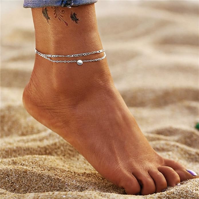 ChicSilver Personalized 925 Sterling Silver Tiny Heart/Moon/Star/Sun/Dot/Triangle Anklets Simple Dainty Foot Jewelry for Women, Silver/Gold Plated/Rose Gold Plated
