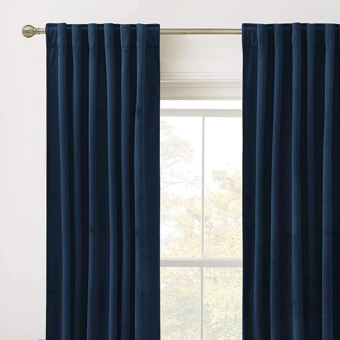 RYB HOME Navy Blue Velvet Curtains 100 inches, Back Tab Soft Fabric Room Darkening Thermal Insulated Luxurious Home Decor Curtains for Living Room Bedroom, W 52" x L 100", 2 Panels Set
