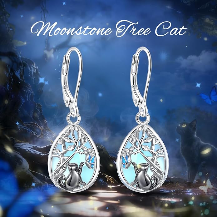 Vito 925 Sterling Silver Teardrop Earrings for Women, Moonstone Turquoise Drop Dangle Earrings Cat Snake Turtle Tree of Life Leverback Earrings Boho Jewelry Gift for Mom Wife