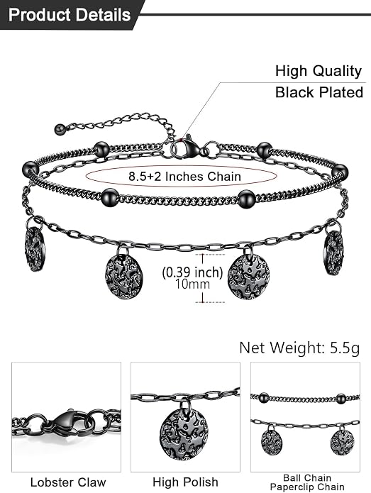 U7 Silver/Gold Ankle Bracelets for Women Layered Chain Anklets Stainless Steel Waterproof Summer Beach Anklet Cham, Adjustable 8.5"-10.5"