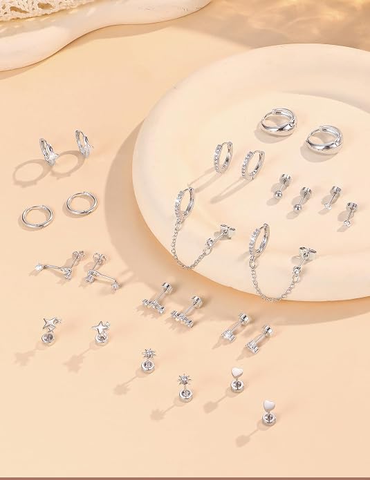 Florideco Flat Back Earrings Hypoallergenic Surgical Steel Earrings for Women Trendy Cartilage Chain Earring 14K Gold Plated Star Heart CZ Flatback Stud Earring Sets for Multiple Piercing