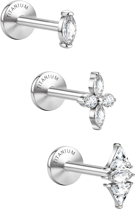 GEMQUEEN G23 Implant Grade Titanium 18G Internally Threaded Flat Back Earrings 5A CZ Studs: 14K Gold Hypoallergenic 3 Pcs Tragus Cartilage Conch Helix Piercing Jewelry for Sensitive Ears Women Men