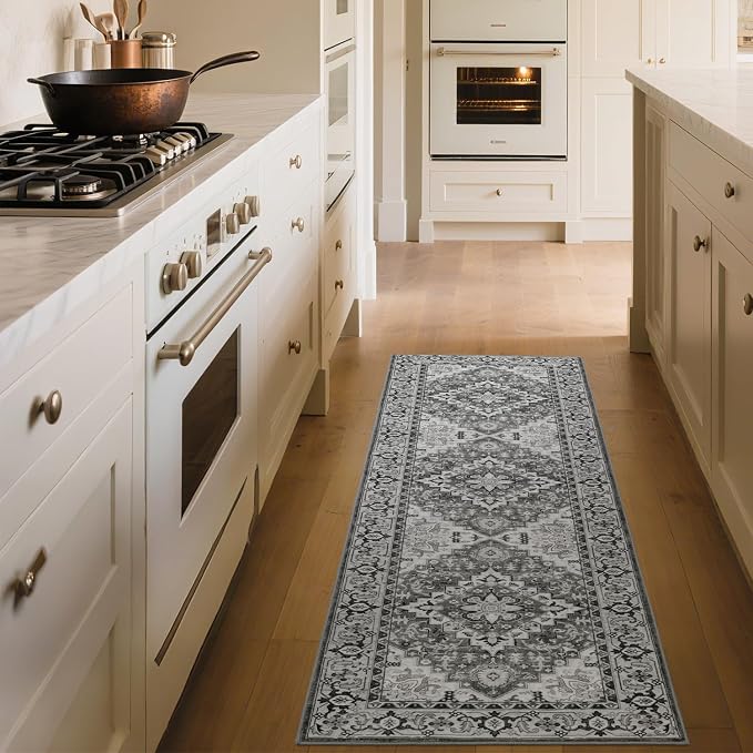 Lofus 2x6 Hallway Washable Runner Rug, Vintage Kitchen Runners Non Slip, Entryway Rugs for Bathroom Bedroom Living Room Laundry Room Floor Mat, Boho Entry Long Carpet, Floral Grey