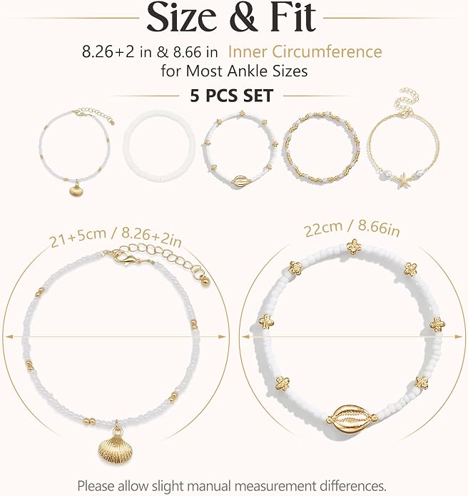 Fesciory Shell Ankle Bracelets for Women, Gold Plated Boho Anklet Set with Pearl Beads Starfish Conch Seashell, Adjustable Summer Beach Hawaiian Foot Jewelry Gift