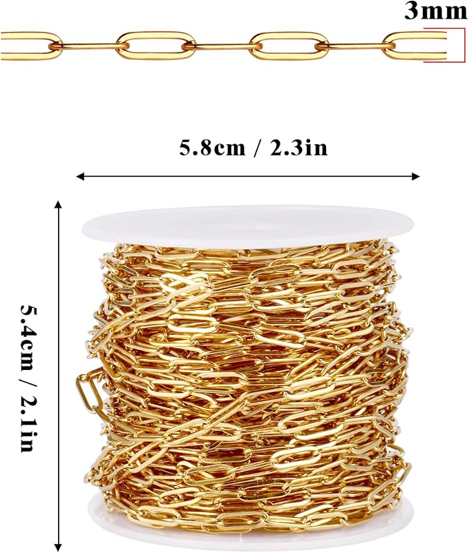 [33 Ft] Stainless Steel Paperclip Chains Roll, 3mm Width 18K Gold PVD Plated Stainless Steel Oval Link Chains Spool Bulk for Jewelry Making