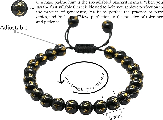 Amazing Gemstone Om Mani Black Agate Bracelet for Women Men's Gifts - Protection Healing Crystal Bracelet - 8mm Gemstones Beaded Adjustable Bracelet Pulseras para Hombres Mujer Stocking Stuffers
