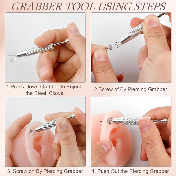 ONESING 2Pcs Piercing Ball Grabber Tool for Changing Jewelry, Stianless Steel Flat Back Earring Applicator Internally Threaded Push Pin Piercing Grabber Tool, Anti Slip 4 Claw Gem Ball Grabber Tool