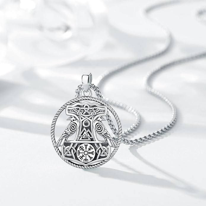 Viking Necklace Pendant for Men Women,925 Sterling Silver Gold Mjolnir Thors Hammer Celtic Cross Necklace Wolf Odin Raven Freya Goddess Norse Pagan Compass Vegvisir Yggdrasil Nordic Viking Jewelry Gifts