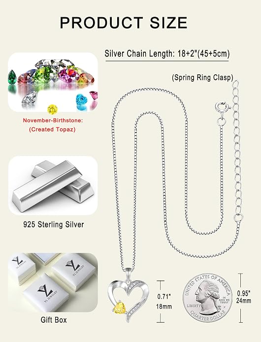 YL Heart Necklace 925 Sterling Silver Love Heart Pendant Birthstone Jewelry for Women