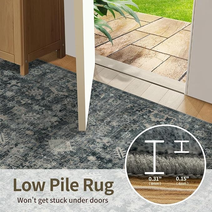 Rugxara Area Rugs 5x7 Washable Rug for Living Room Bedroom, Blue Rug | Non Slip, Rug for Dining Room Dorm Office Farmhouse, Stain Resistant, Soft, Vintage Boho Retro Carpet, Low Pile, Home Decor