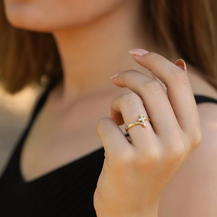 Gold Cross Statement Rings for Women 14K Gold Silver Tone Non Tarnish Cute Band High Polished Smooth Comfort Fit Size 5-10