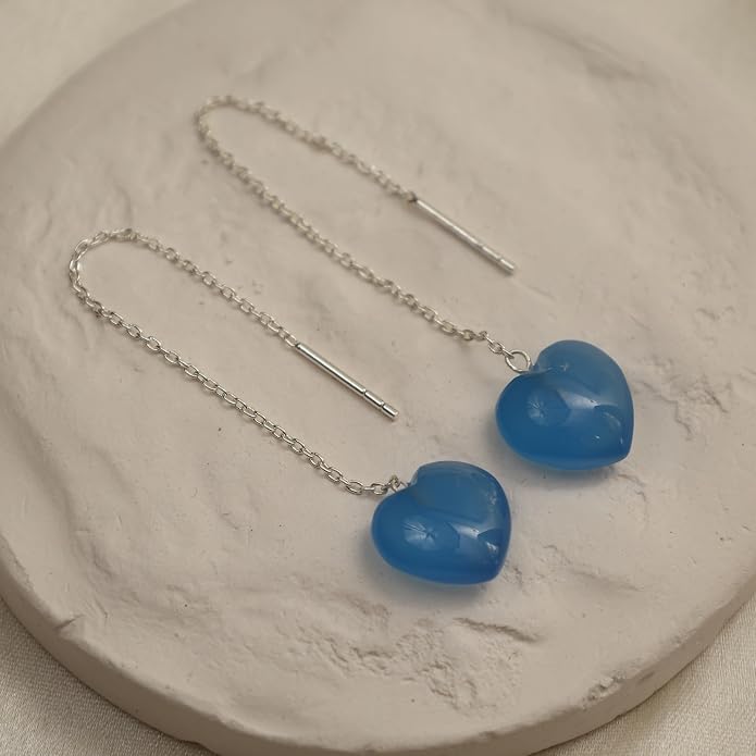 Gemstone Heart Shaped Threader Earrings in 925 Sterling Silver, Pull Through Adjustable, Versatile & Trendy, Perfect Valentine's Gift for Women, Choice of Gemstone Available
