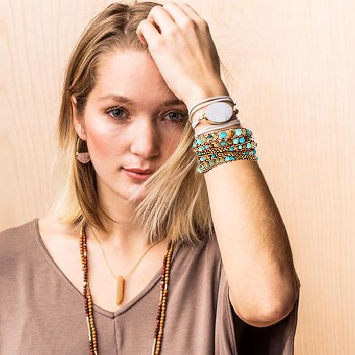 Plumiss Women Boho Handmade Natural Stone Crystal Leather Bead Wrap Bracelets Collection