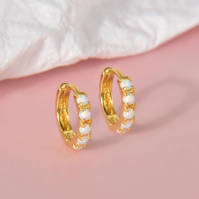 Tiny Mini Opal Huggie Hoop Earrings Upper Ear Cartilage Helix 18k Gold Plated Silver Minimalist Simple Small 10mm 8mm 6mm Hoop Earrings