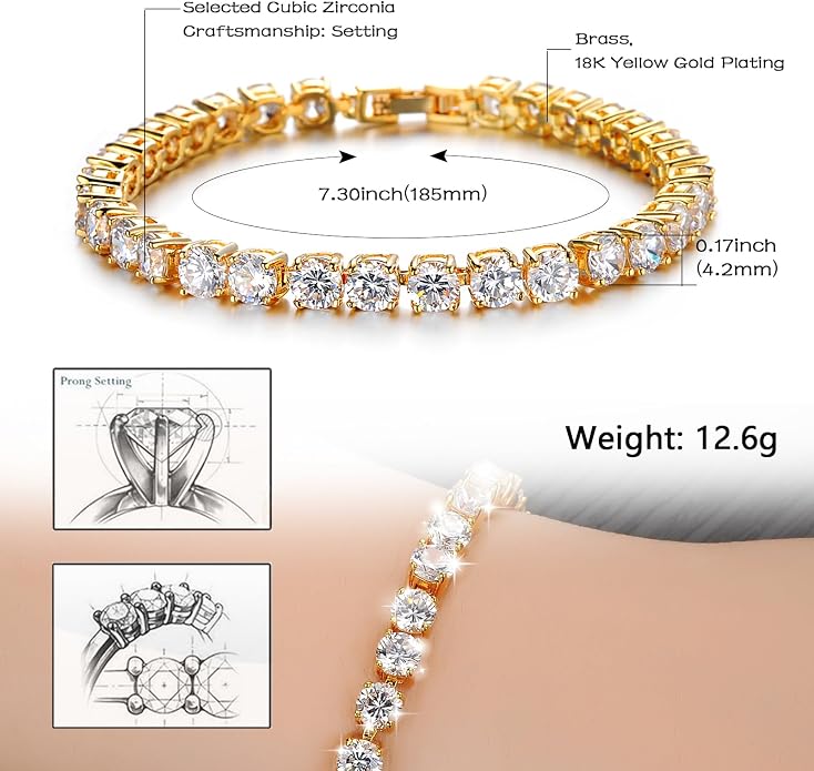 Richapex Diamond Tennis Bracelet for Women, Eternity Bracelet Blue Cubic Zirconia, Sapphire Bracelet, 18K Gold Plated Hypoallergenic Bracelets -7.48inch/190mm