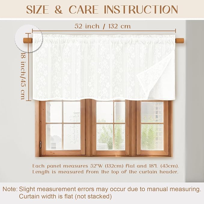 ASPMIZ Linen Valances for Windows Double Layer Valance Curtains with Lace Overlay, White Kitchen Curtains Light Filtering, Rod Pocket Window Valances for Living Room, Kitchen, Cafe, Bathroom, 52x18