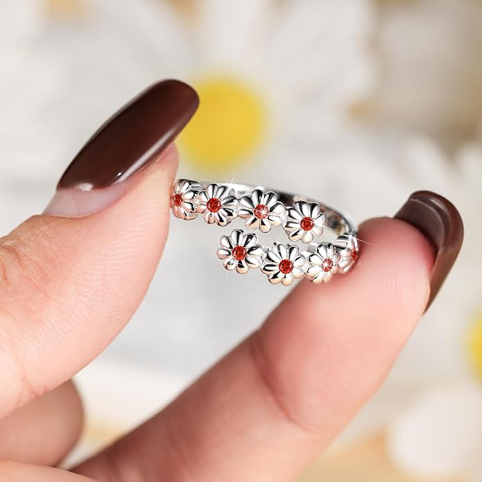 Dainty Daisy Ring for Women, S925 Sterling Silver Cubic Zirconia Sunflower Flower Ring For Daughter, I Think Of You Every Daisy Ring, Birthstone Flower Ring
