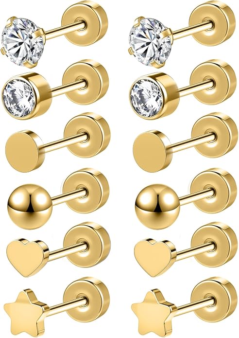 Aoedej 6Pairs G23 Titanium Flat Back Stud Earrings Hypoallergenic CZ Heart Stars Ball Cartilage Earring Studs for Women Men Helix Tragus Conch Helix Piercing Jewelry Gift