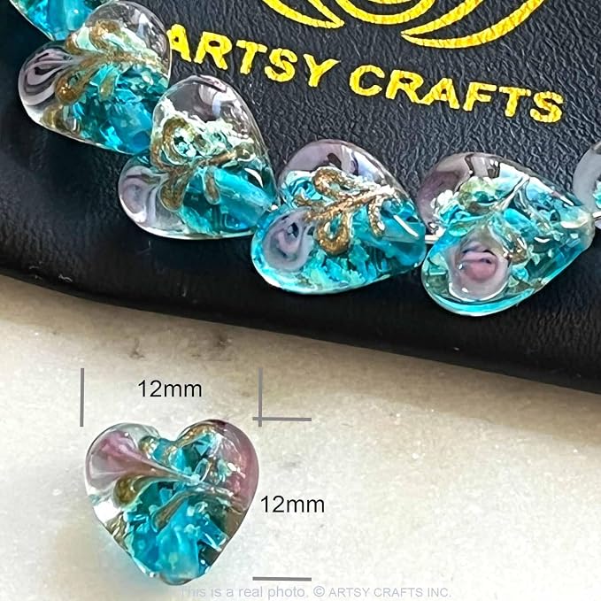 Artsy Crafts 12 Pcs Heart Shaped Glow in The Dark Firefly Beads 12mm European Lampwork Luminous Glass Beads for Jewelry Making Charm Bracelet Necklace Earrings Crafts (Heart - Blue)