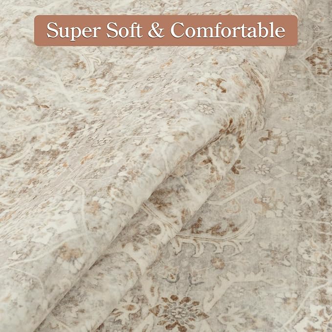 Collive Area Rug for Living Room 5x7, Machine Washable Neutral Boho Rugs for Bedroom, Soft Non-Slip Low Pile Indoor Floor Accent Carpet for Office Entryway Nursery Dining Room - Tan