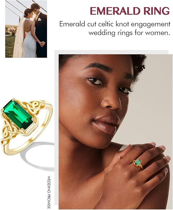 DAYBYDAY Celtic Birthstone Rings for Women, 925 Sterling Silver/18K Gold Plated Emerald Cut Celtic Knot Engagement Wedding Ring, Square Created Gemstone Promise Rings for Her Size 6-10