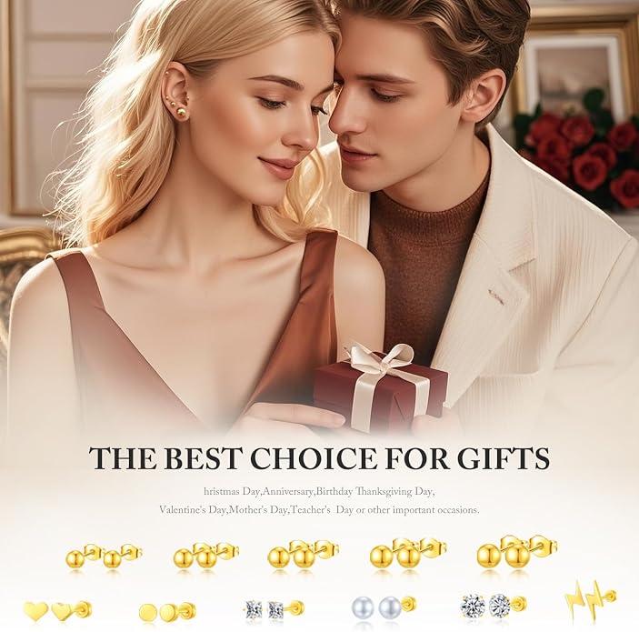 Stud Earrings Set for Women, 14K Gold Plated Hypoallergenic Heart Pearl Ball Studs Pack 316L Stainless Steel CZ Earrings Multi-Style & Size 3-8mm