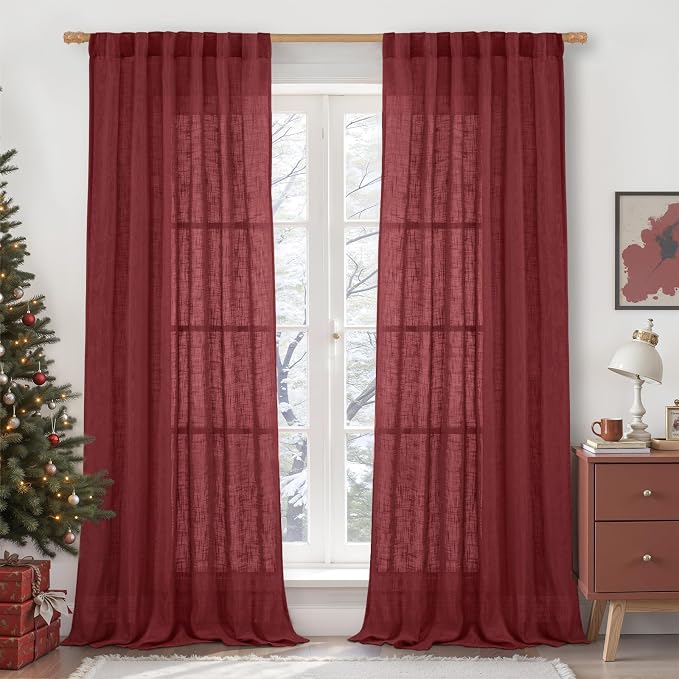 LAMIT 102 Inches Long Linen Curtains for Living Room, Back Tab and Rod Pocket Semi Sheer Panels Light Filtering Christmas Drapes for Bedroom/Dining Room, Burgundy Red, Set of 2, 52 x 102 Inch