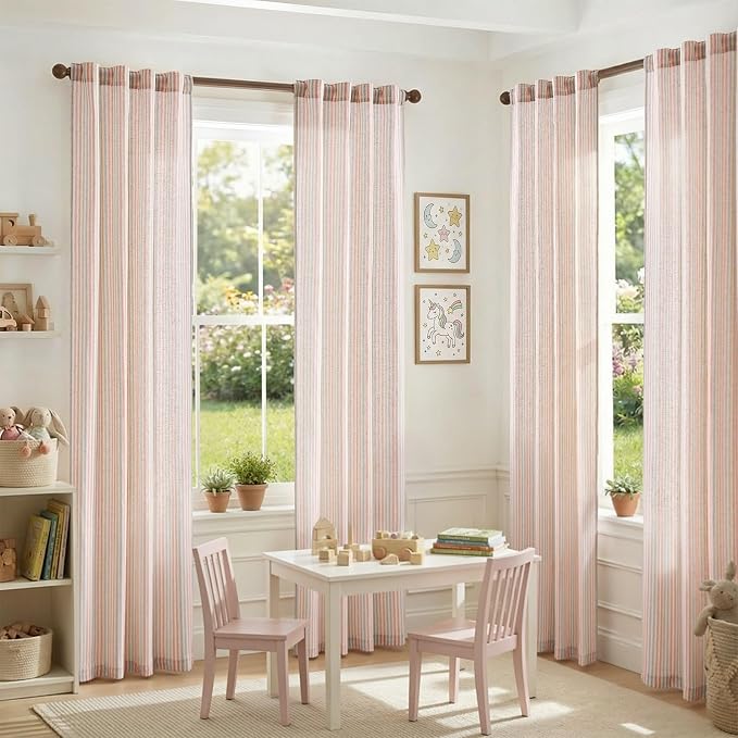 jinchan Linen Curtains 84 inch Candy Stripe for Kids Room Back Tab 2 Panels | Kids Curtains for Living Room Baby Girls Room,Ticking Stripe,Nursery Drapes, Window Treatments,Cottagecore,Light Filtering